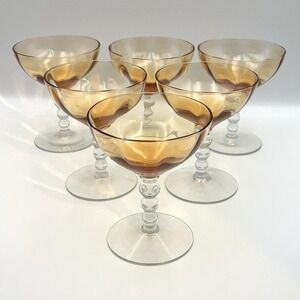 Vintage Amber Cordial Glasses Set of 6 – Hand Blown Bowl & Foot – Mid Century